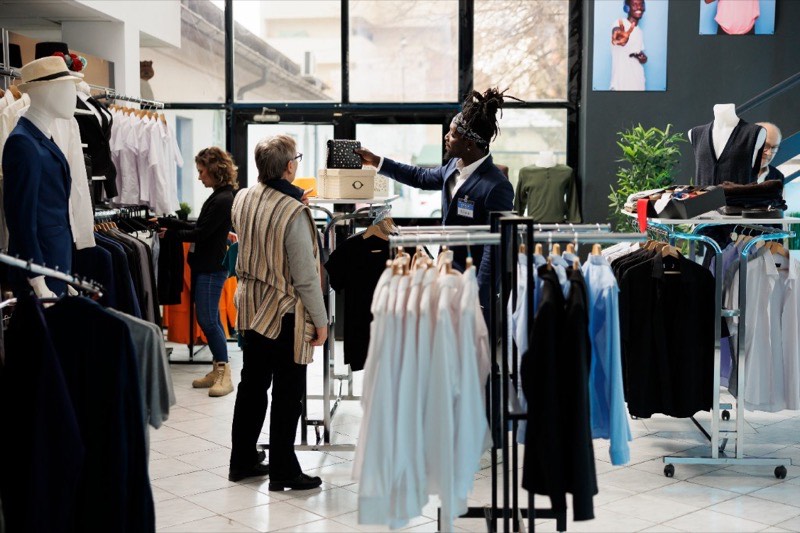 Store associate helping a customer in a local boutique